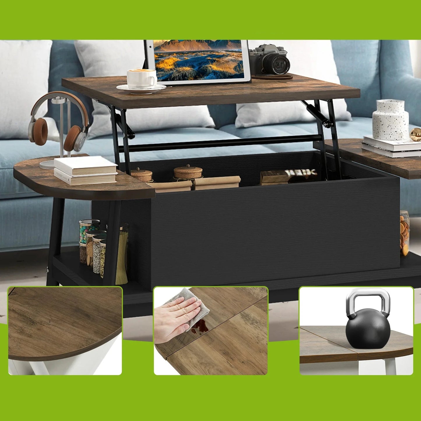 Table Basse Relevable Verona – Plateau Elliptique avec Rangements