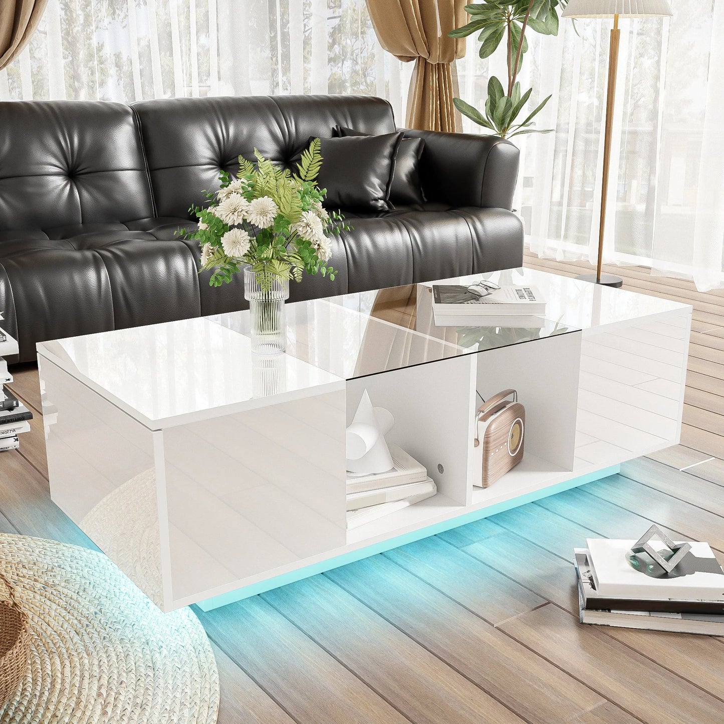 Table Basse En Verre Liora – Verre & LED Bluetooth