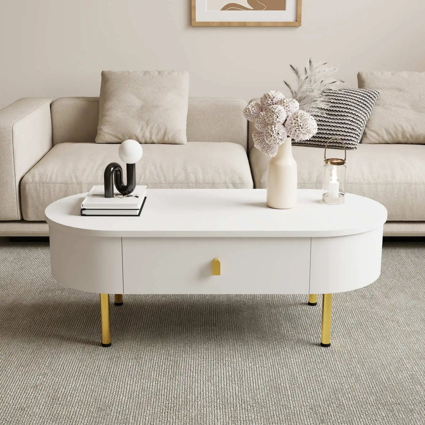 Table Basse Ovale Ovalia – Blanc & Détails Dorés