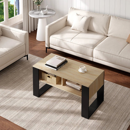 Table Basse En Bois Oria – Effet Chêne Clair & Noir avec Rangement Ouvert