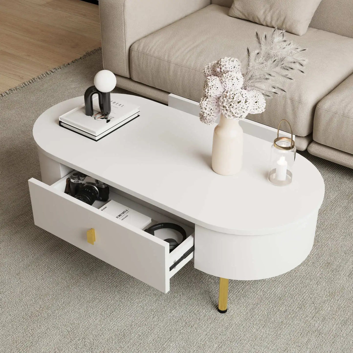 Table Basse Ovale Ovalia – Blanc & Détails Dorés