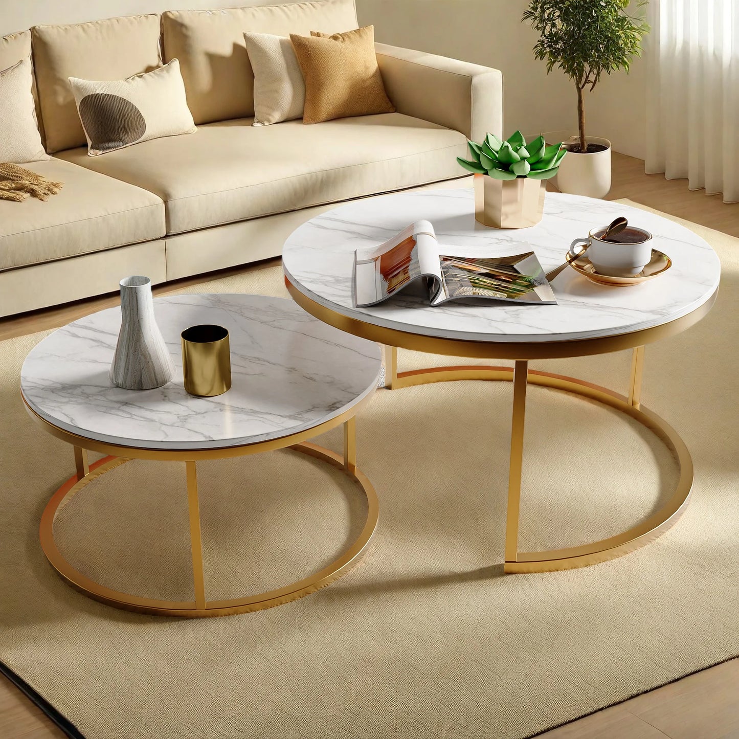 Tables Basses Gigognes Nova – Ensemble Rond Marbre & Or