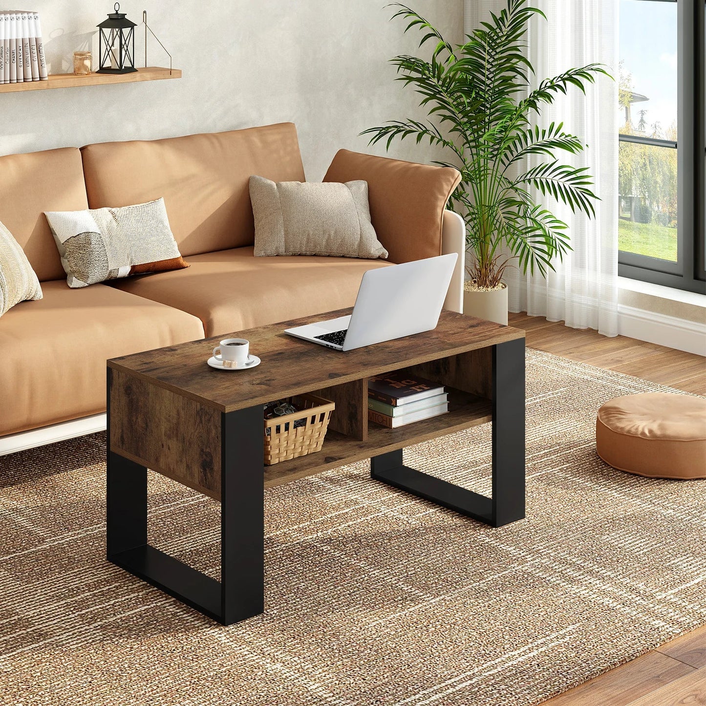 Table Basse En Bois Oria – Effet Chêne Clair & Noir avec Rangement Ouvert