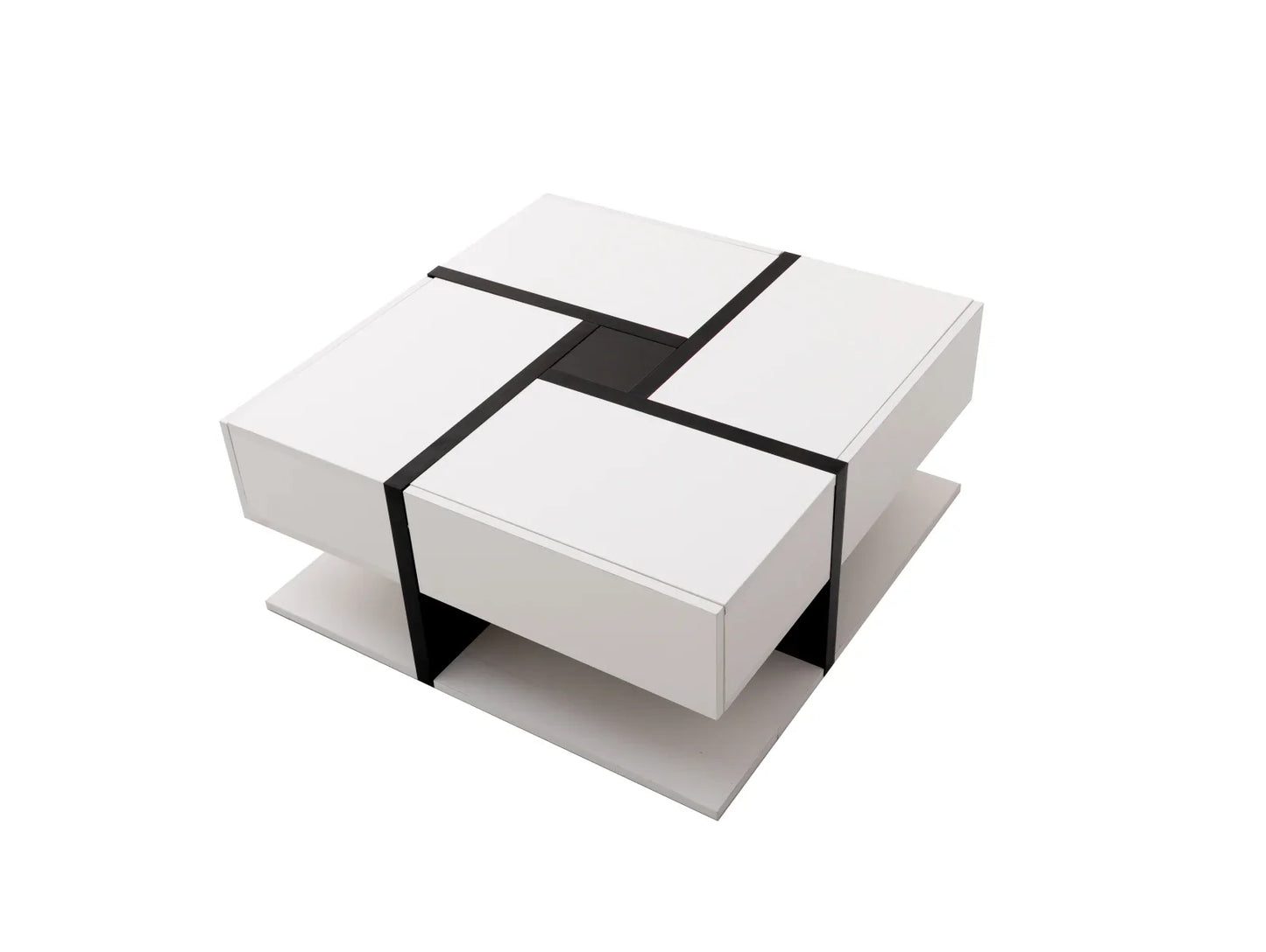 Table Basse En Bois Lumina – Carrée Blanc & Noir Brillant avec Rangements