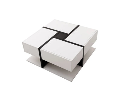 Table Basse En Bois Lumina – Carrée Blanc & Noir Brillant avec Rangements