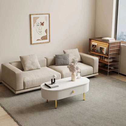 Table Basse Ovale Ovalia – Blanc & Détails Dorés