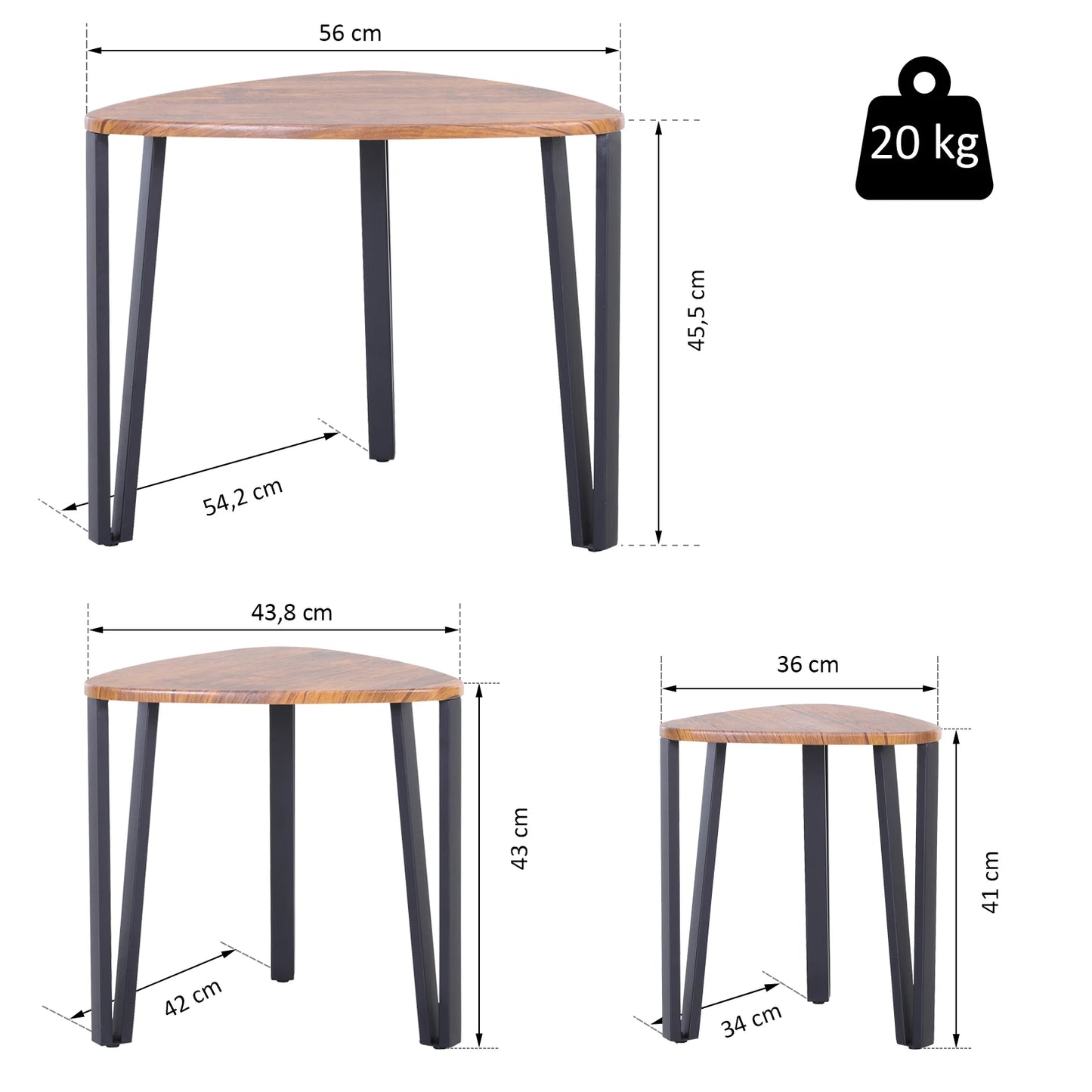 Tables Basses Gigognes Lunor – Set de 3 Tables Bois Noyer & Métal Noir