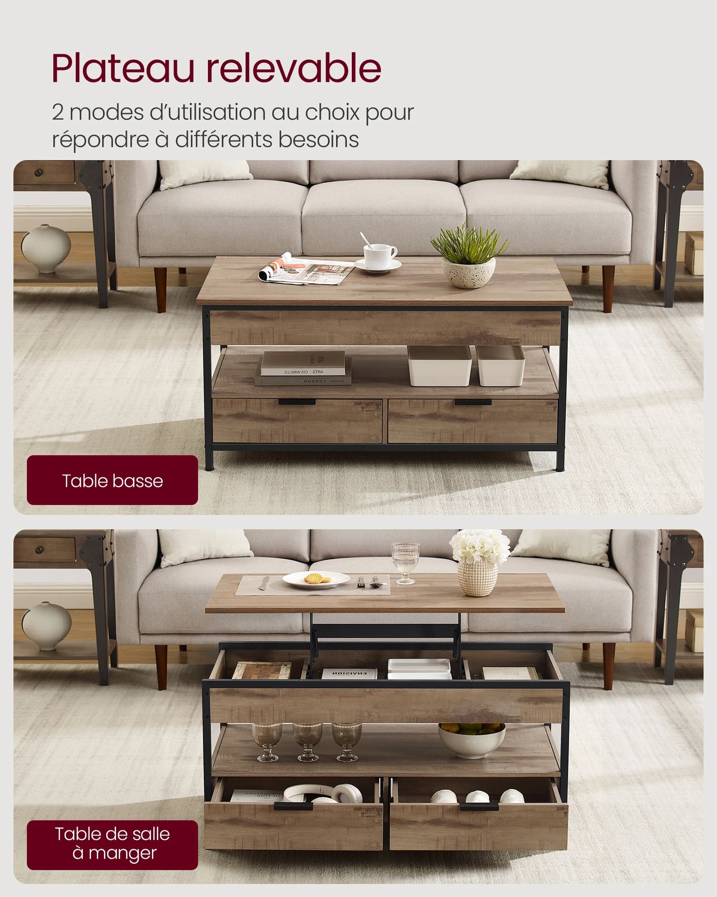 Table Basse Relevable Torino – Bois & Métal avec Tiroirs