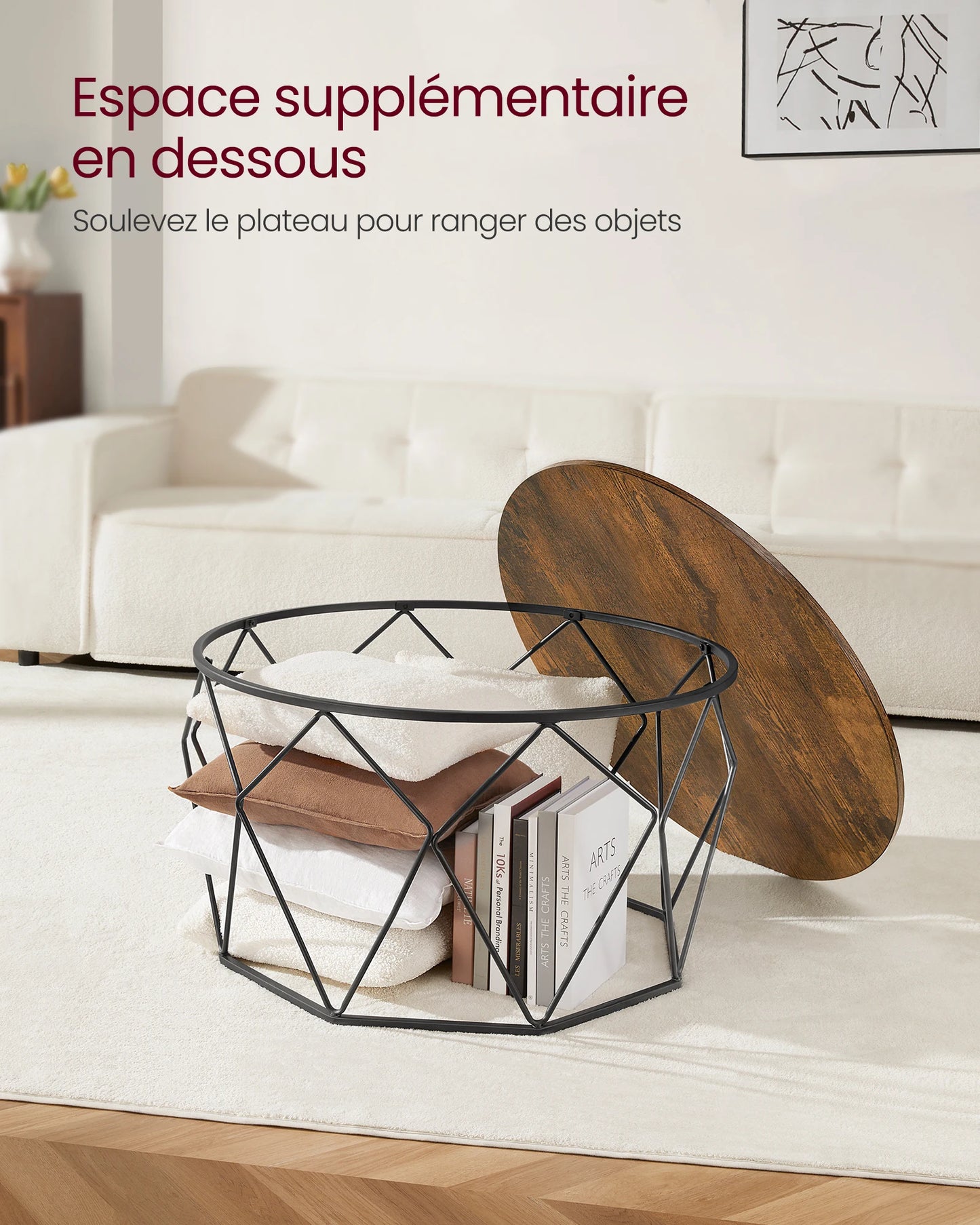 Table Basse Ronde Koda - Design Industriel et Panier de Rangement