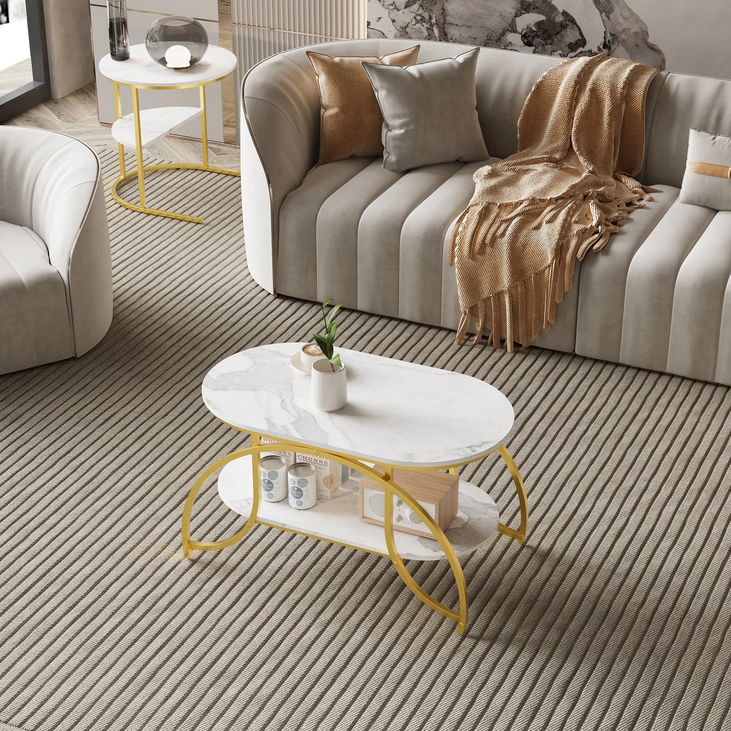 Tables Basses Gigognes Arcos – Ensemble Rectangulaire & Ovale Effet Marbre