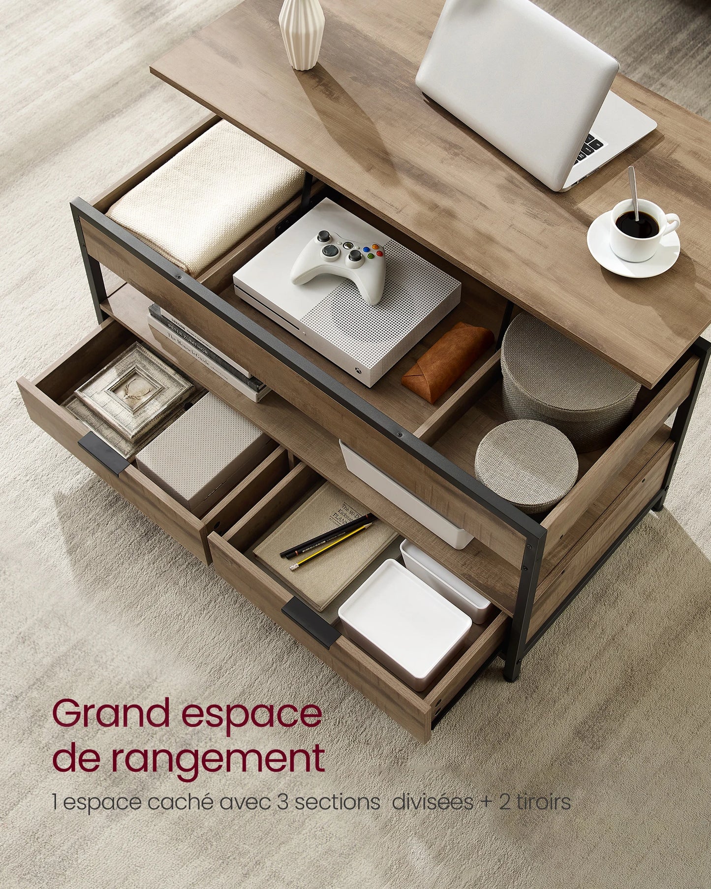 Table Basse Relevable Torino – Bois & Métal avec Tiroirs