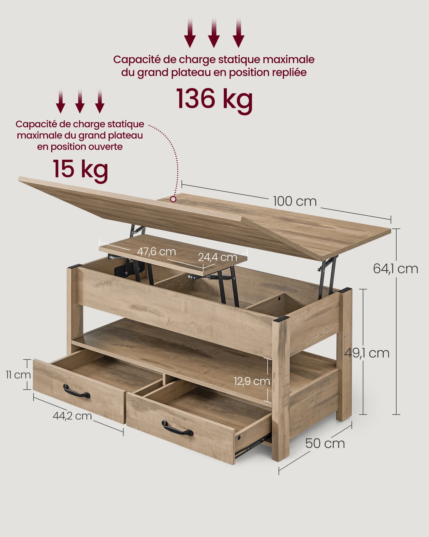 Table Basse Relevable Varda - Double Plateau et Rangement Optimisé