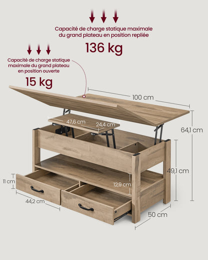 Table Basse Relevable Varda - Double Plateau et Rangement Optimisé