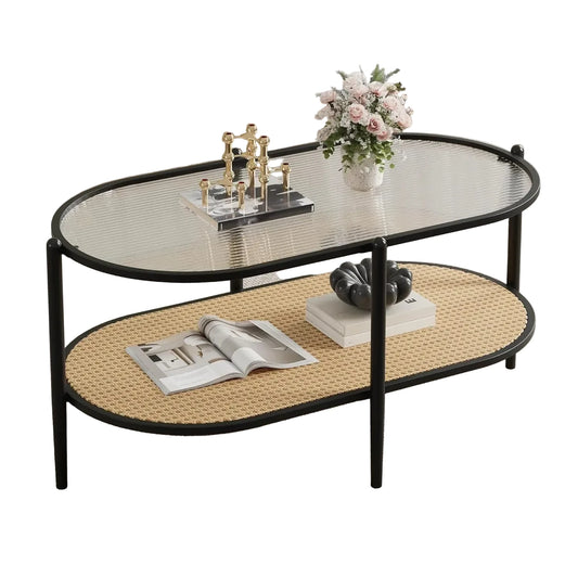 Table Basse Ovale Nola - Design Verre Ondulé et Cannage