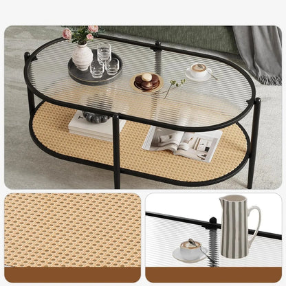 Table Basse Ovale Nola - Design Verre Ondulé et Cannage