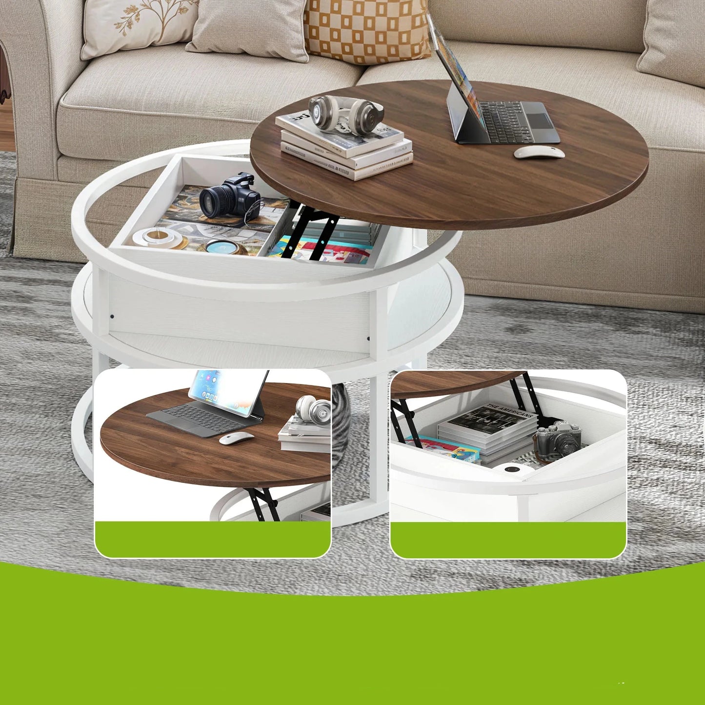Table Basse Relevable Capri – Ronde avec Rangements Intégrés