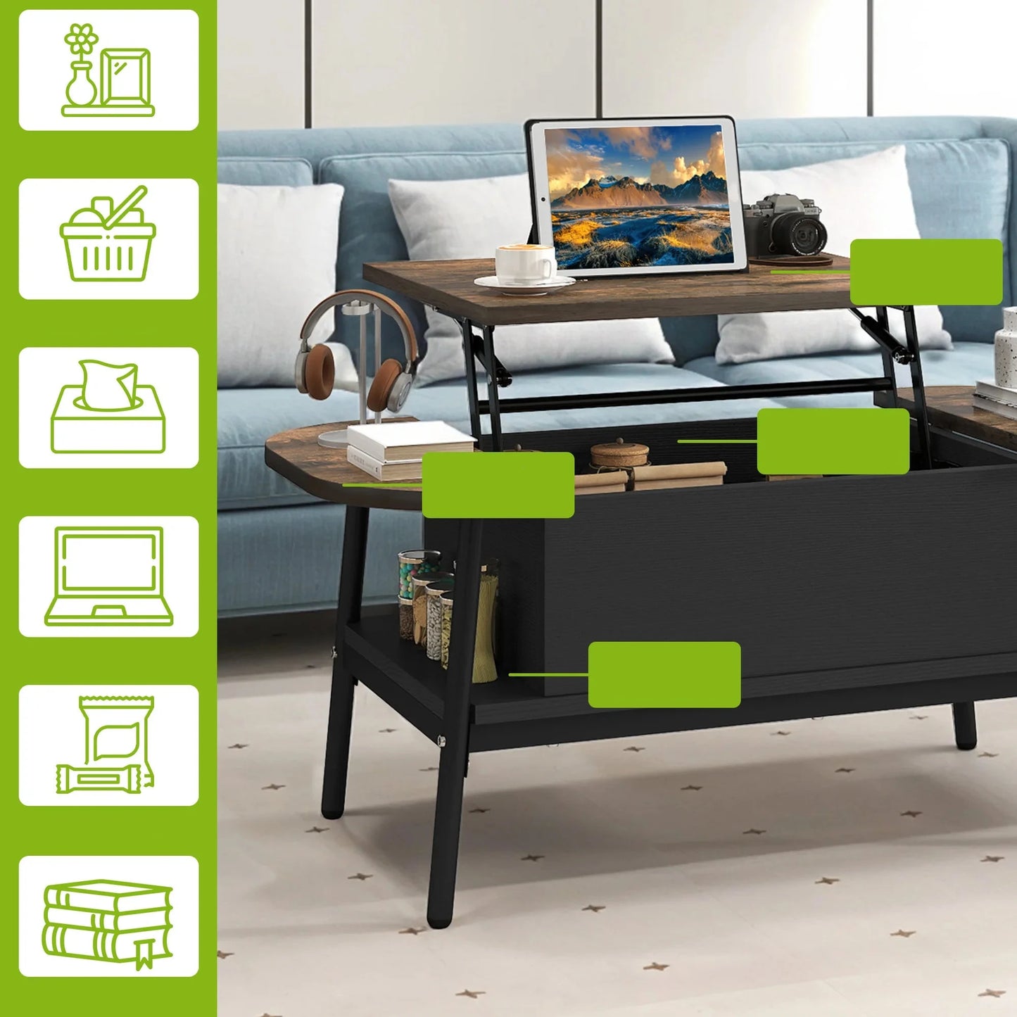 Table Basse Relevable Verona – Plateau Elliptique avec Rangements