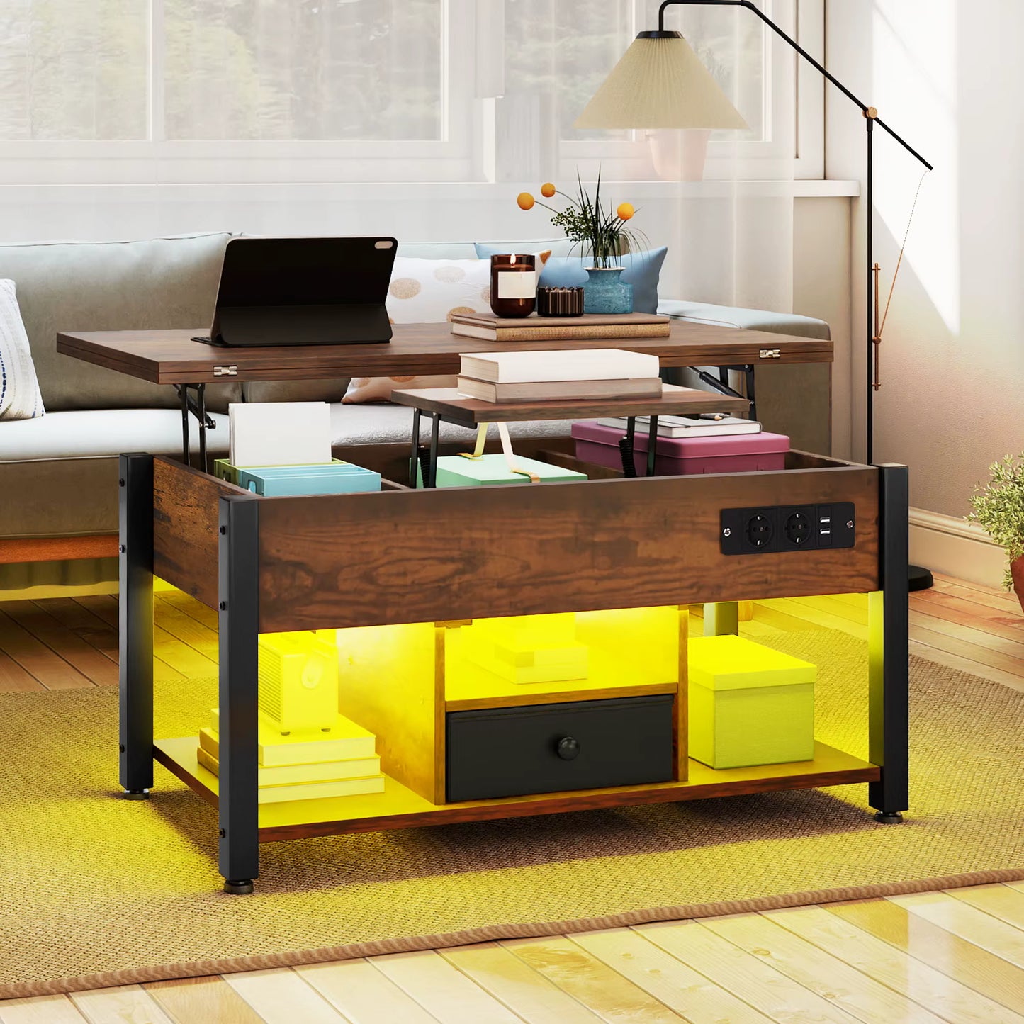 Table Basse 4-en-1 Ardan – Hauteur Réglable avec Rangement & Éclairage LED