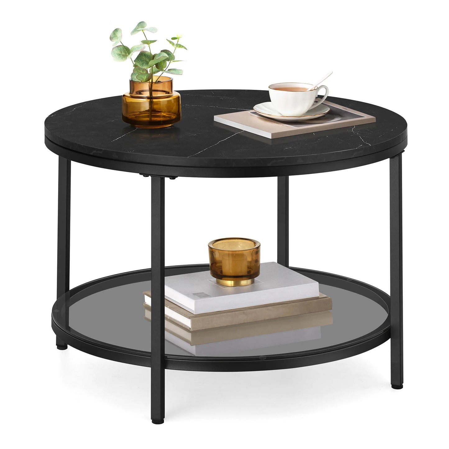 Table Basse Ronde Lyra - Effet Marbre et Double Plateau Verre
