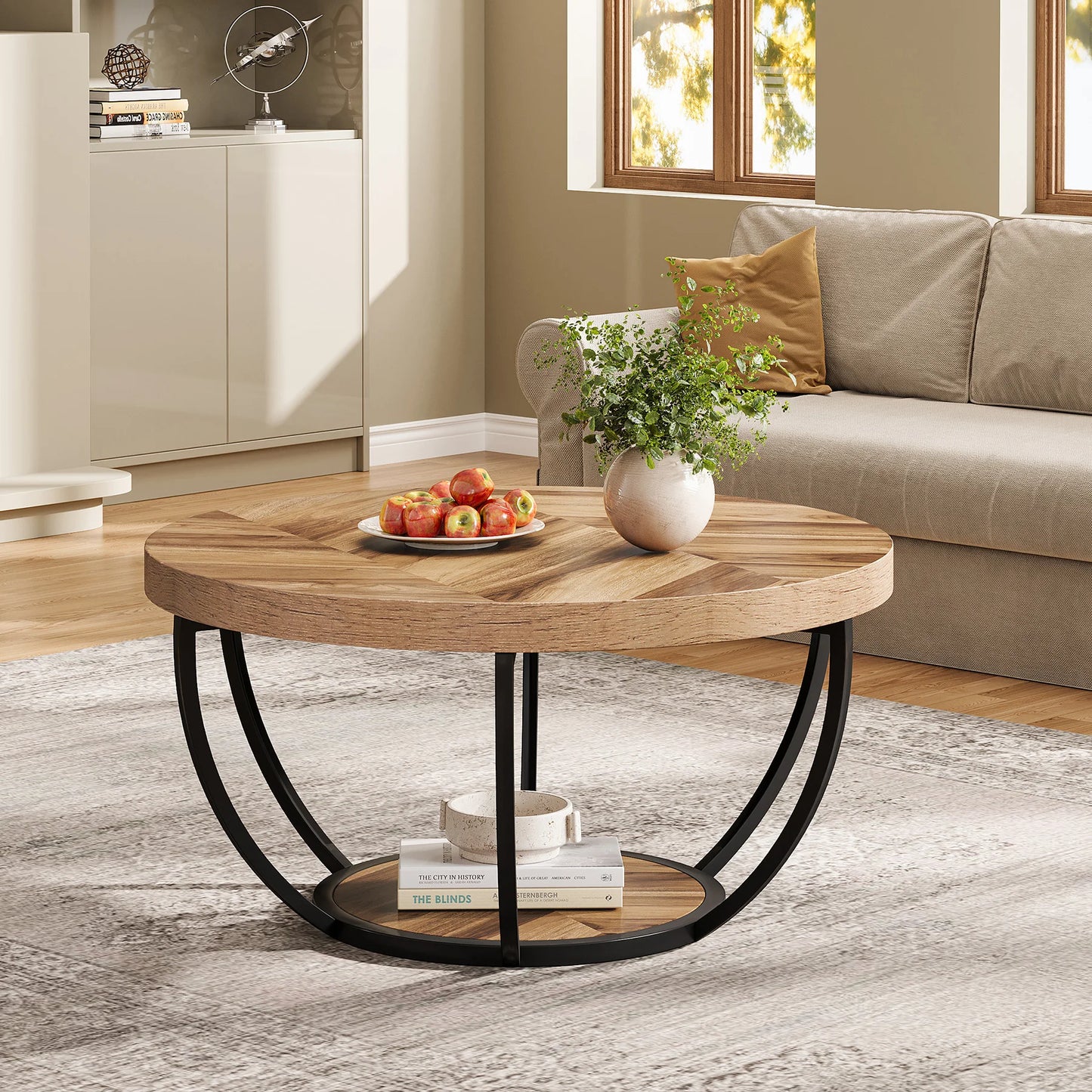 Table Basse Ronde Nerra – Table Ronde Design avec Structure Métallique (Bois et Acier Noir)