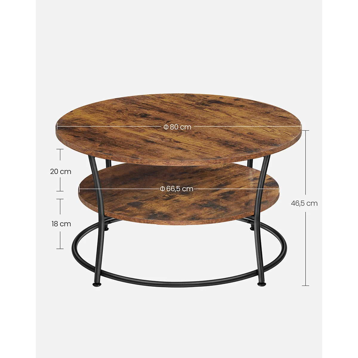Table Basse Ronde Hudson – Bois Rustique & Métal Noir (Deux Niveaux de Rangement)