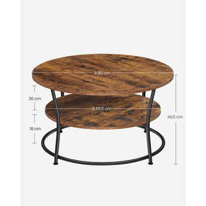Table Basse Ronde Hudson – Bois Rustique & Métal Noir (Deux Niveaux de Rangement)