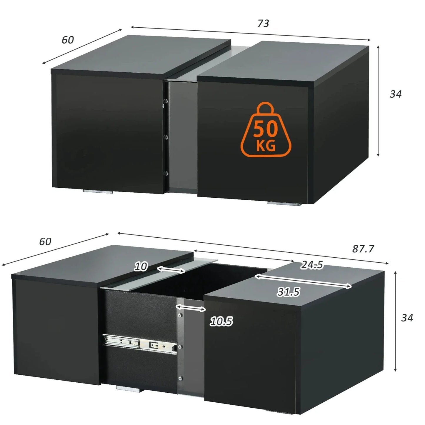 Table Basse En Verre Orion – Noir Brillant avec Tiroir de Rangement