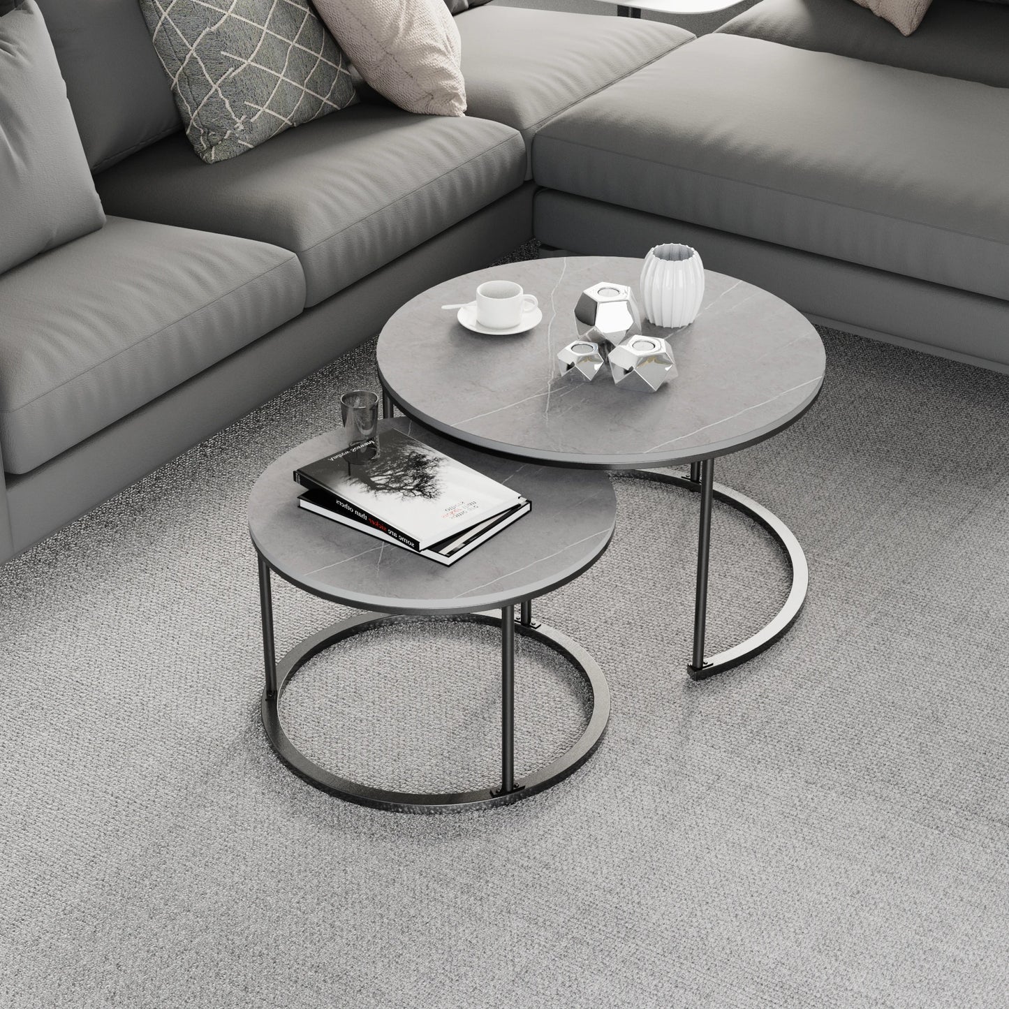 Tables Basses Gigognes Modena – Ensemble Rond en Pierre Frittée & Métal