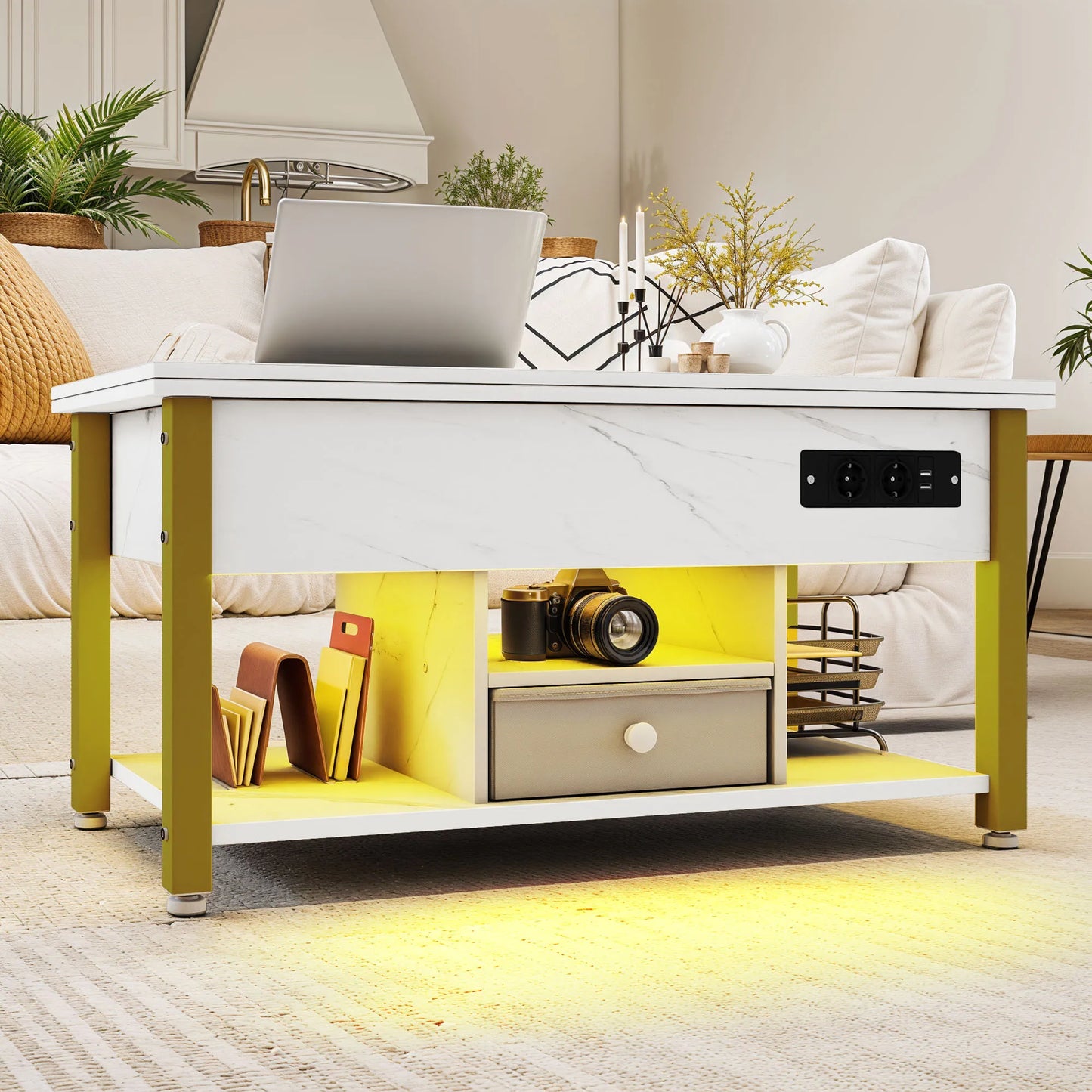 Table Basse 4-en-1 Ardan – Hauteur Réglable avec Rangement & Éclairage LED