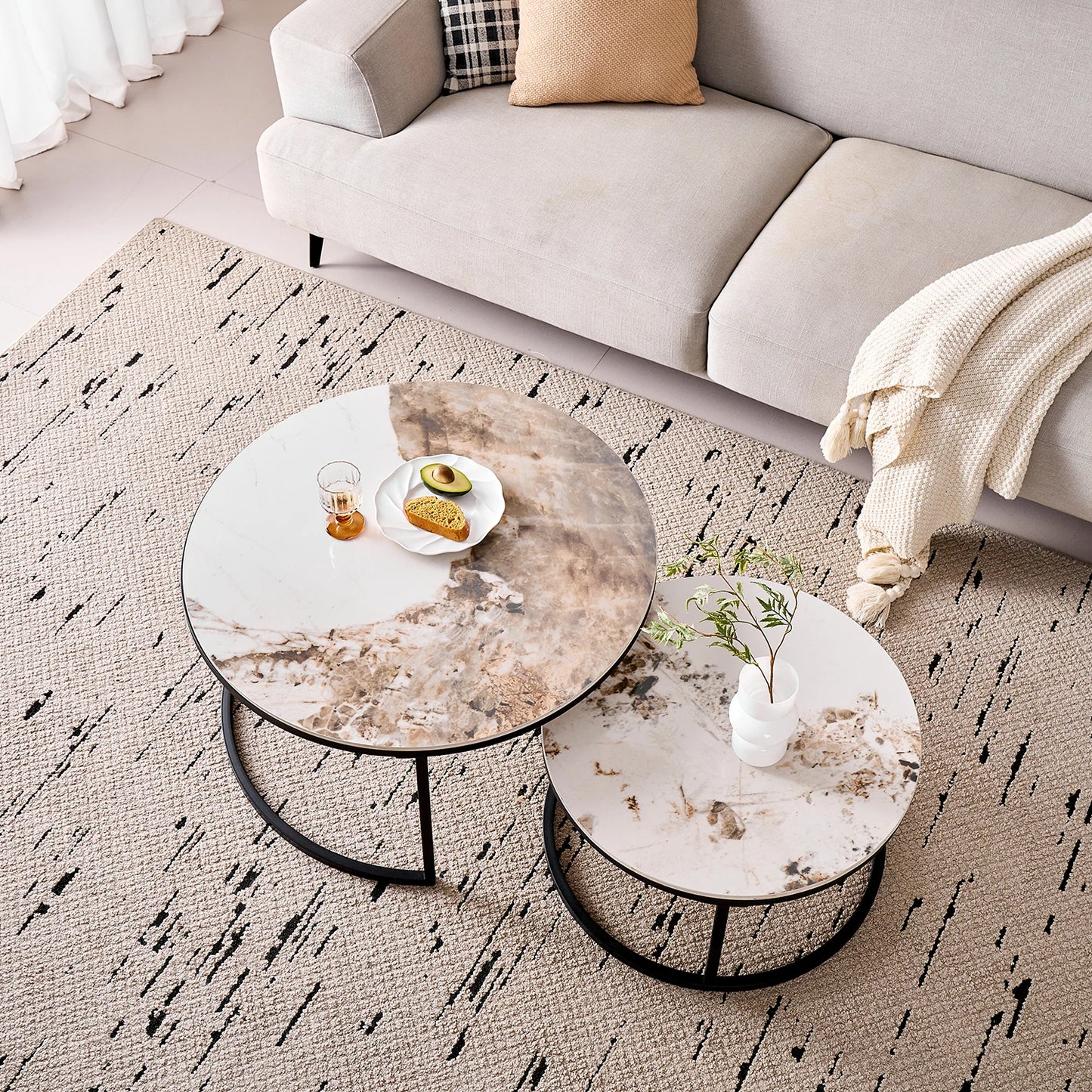 Tables Basses Gigognes Ellipse – Ensemble Rond Marbre & Métal