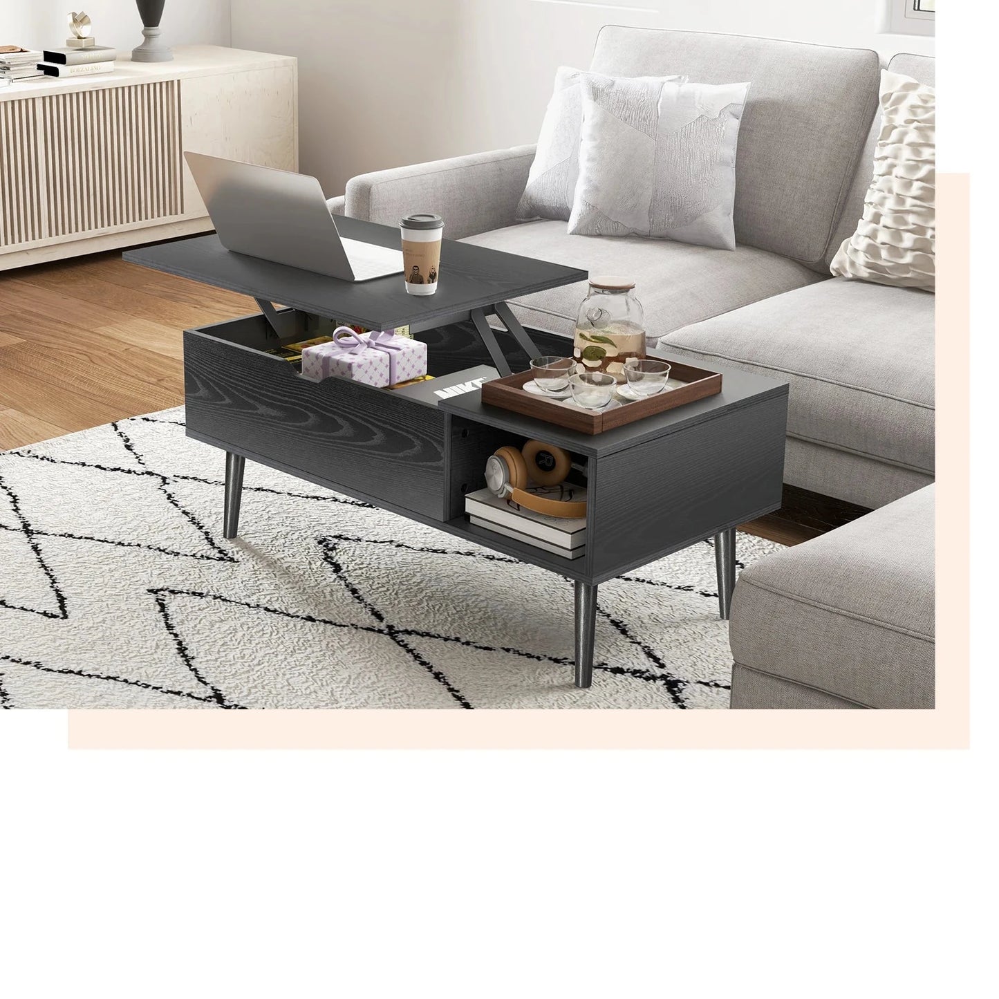 Table Basse Relevable Mika - Design Scandinave et Rangement Pratique