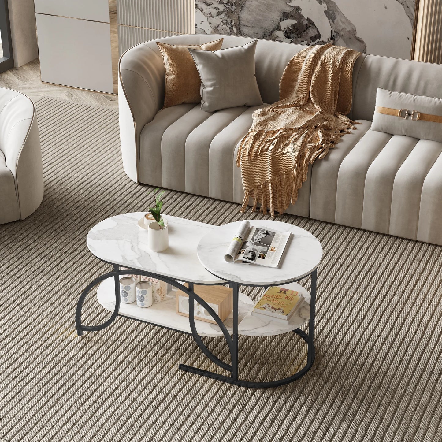 Tables Basses Gigognes Arcos – Ensemble Rectangulaire & Ovale Effet Marbre