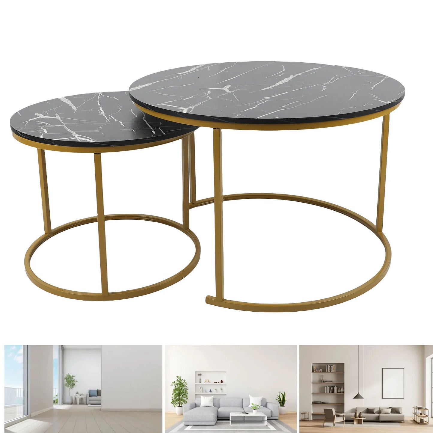 Table Basse Gigogne Talia - Design Marbre Noir et Or Modulable