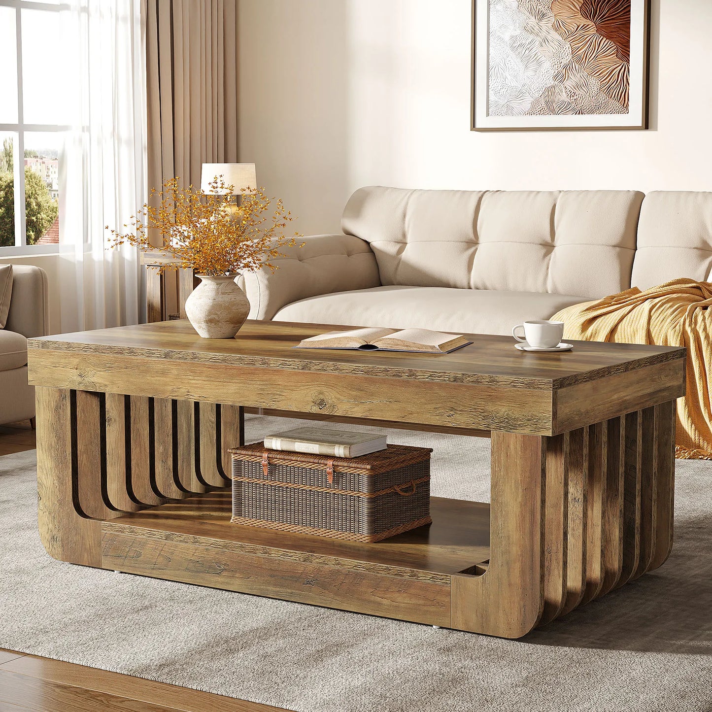 Table Basse En Bois Noa – Style Rustique Moderne & Rangement à Double Niveau