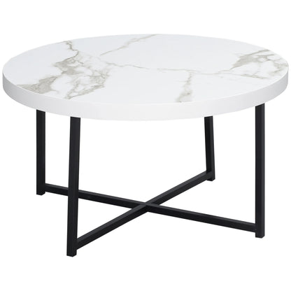 Table Basse Ronde Ardea – Ronde Effet Marbre Blanc & Pieds Métal Noir