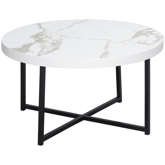 Table Basse Ronde Ardea – Ronde Effet Marbre Blanc & Pieds Métal Noir