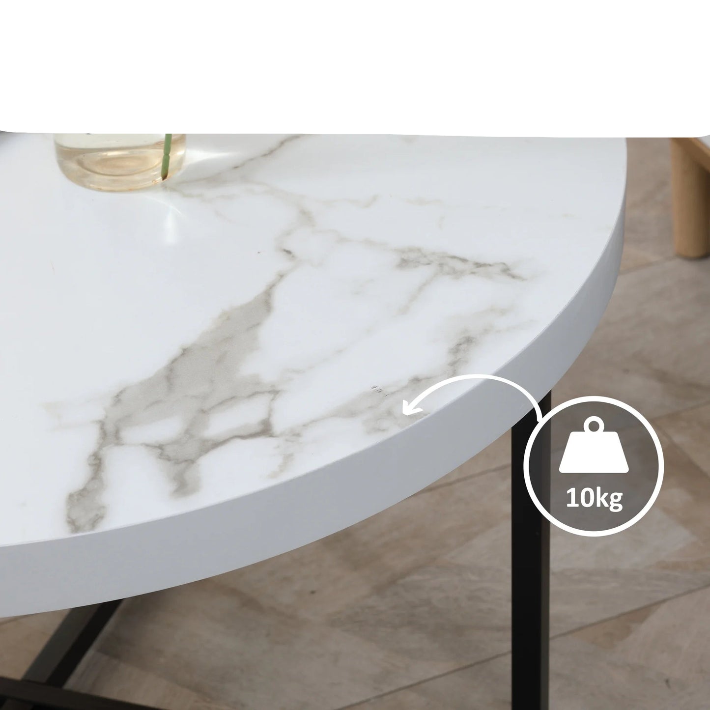 Table Basse Ronde Ardea – Ronde Effet Marbre Blanc & Pieds Métal Noir