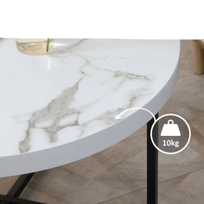 Table Basse Ronde Ardea – Ronde Effet Marbre Blanc & Pieds Métal Noir