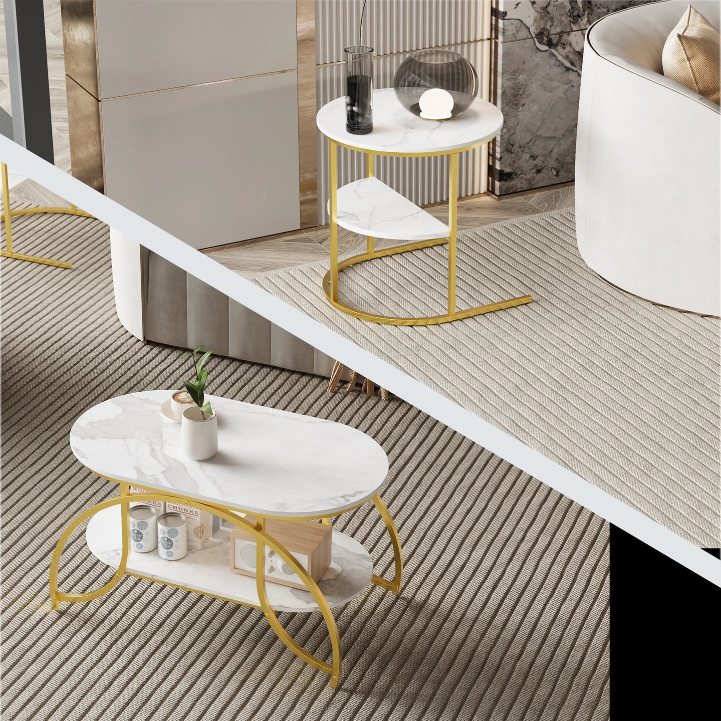 Tables Basses Gigognes Arcos – Ensemble Rectangulaire & Ovale Effet Marbre