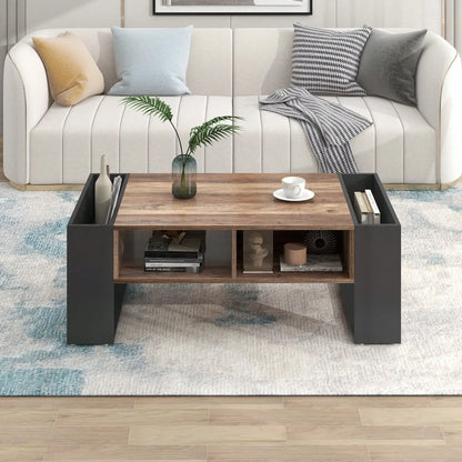 Table Basse En Bois Elora – Effet Bois & Noir avec Tiroir et Rangement Multiples