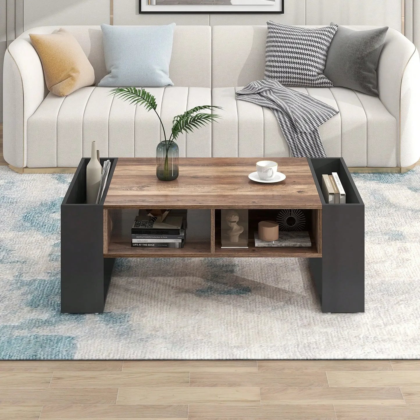 Table Basse En Bois Elora – Effet Bois & Noir avec Tiroir et Rangement Multiples
