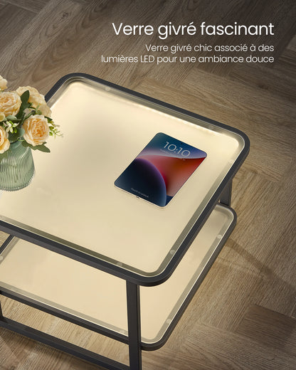 Tables Basses Gigognes Lumea – Ensemble Carré Verre Givré & Métal avec LED