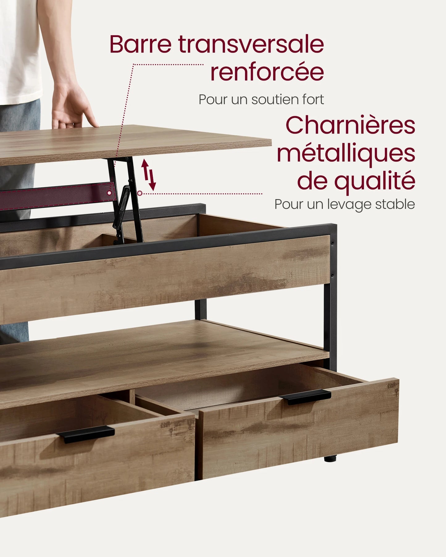 Table Basse Relevable Torino – Bois & Métal avec Tiroirs