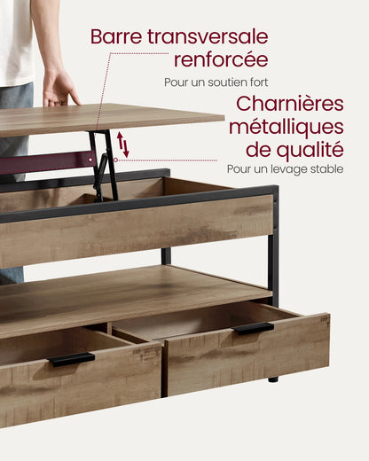 Table Basse Relevable Torino – Bois & Métal avec Tiroirs