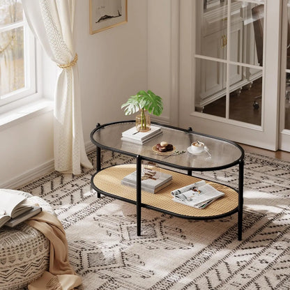 Table Basse Ovale Nola - Design Verre Ondulé et Cannage