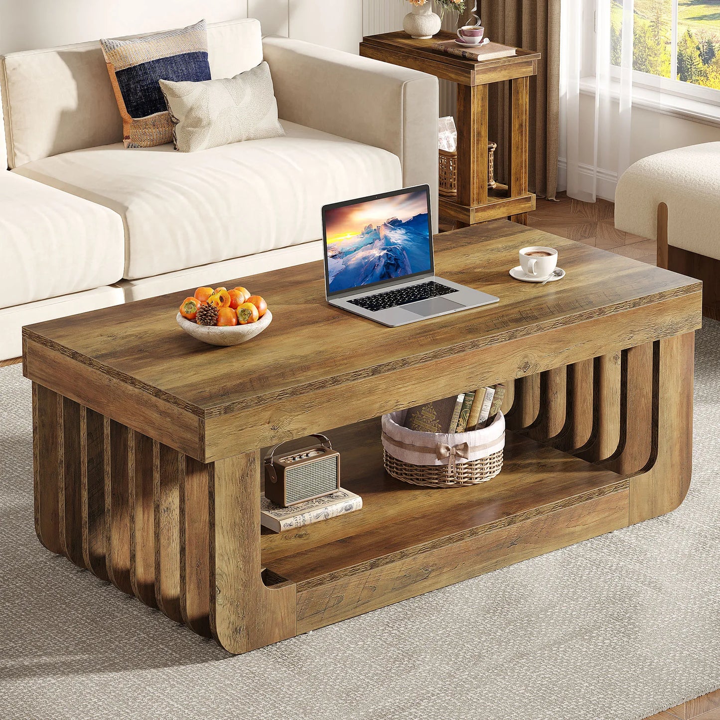 Table Basse En Bois Noa – Style Rustique Moderne & Rangement à Double Niveau