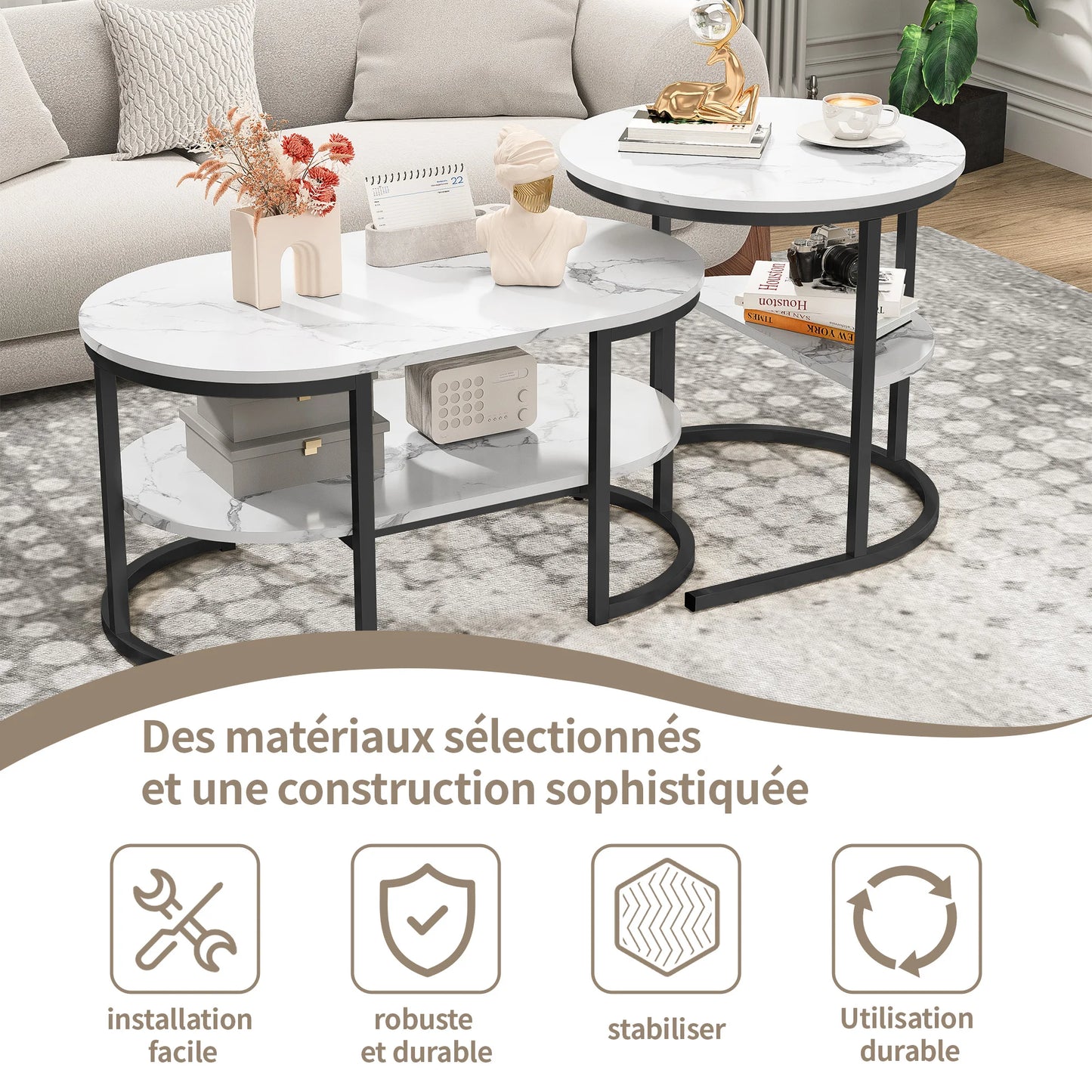 Tables Basses Gigognes Marbre Avela – Ronde & Ovale avec Rangements