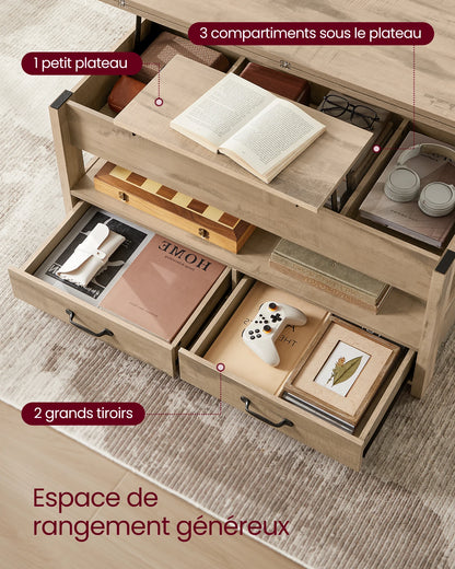 Table Basse Relevable Varda - Double Plateau et Rangement Optimisé