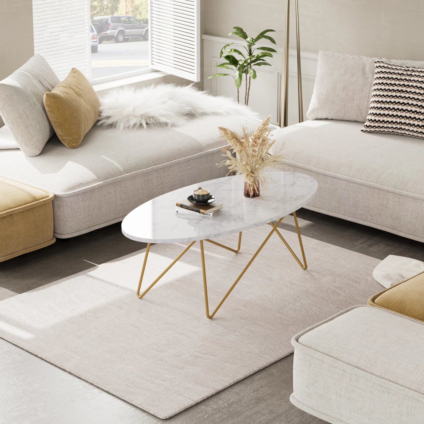 Table Basse Ovale Elea – Blanc, Or & Métal