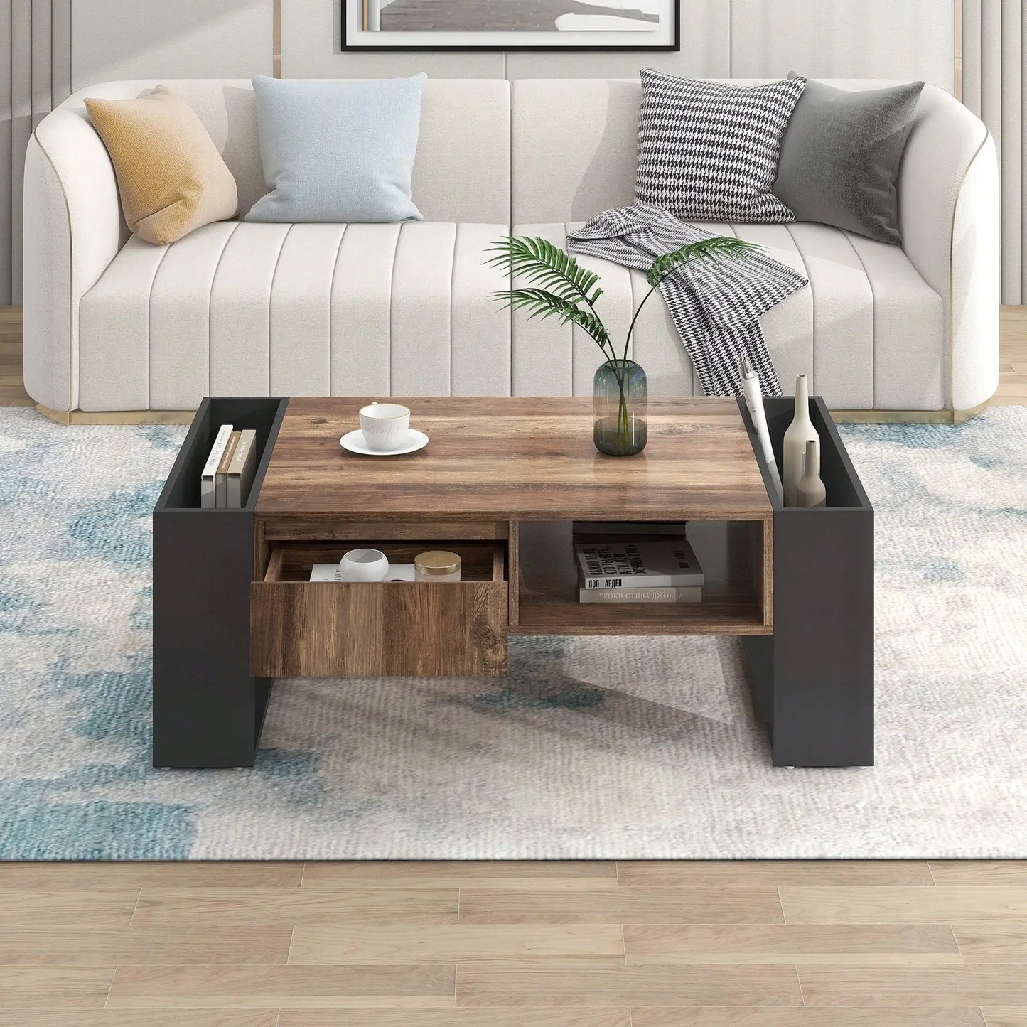 Table Basse En Bois Elora – Effet Bois & Noir avec Tiroir et Rangement Multiples